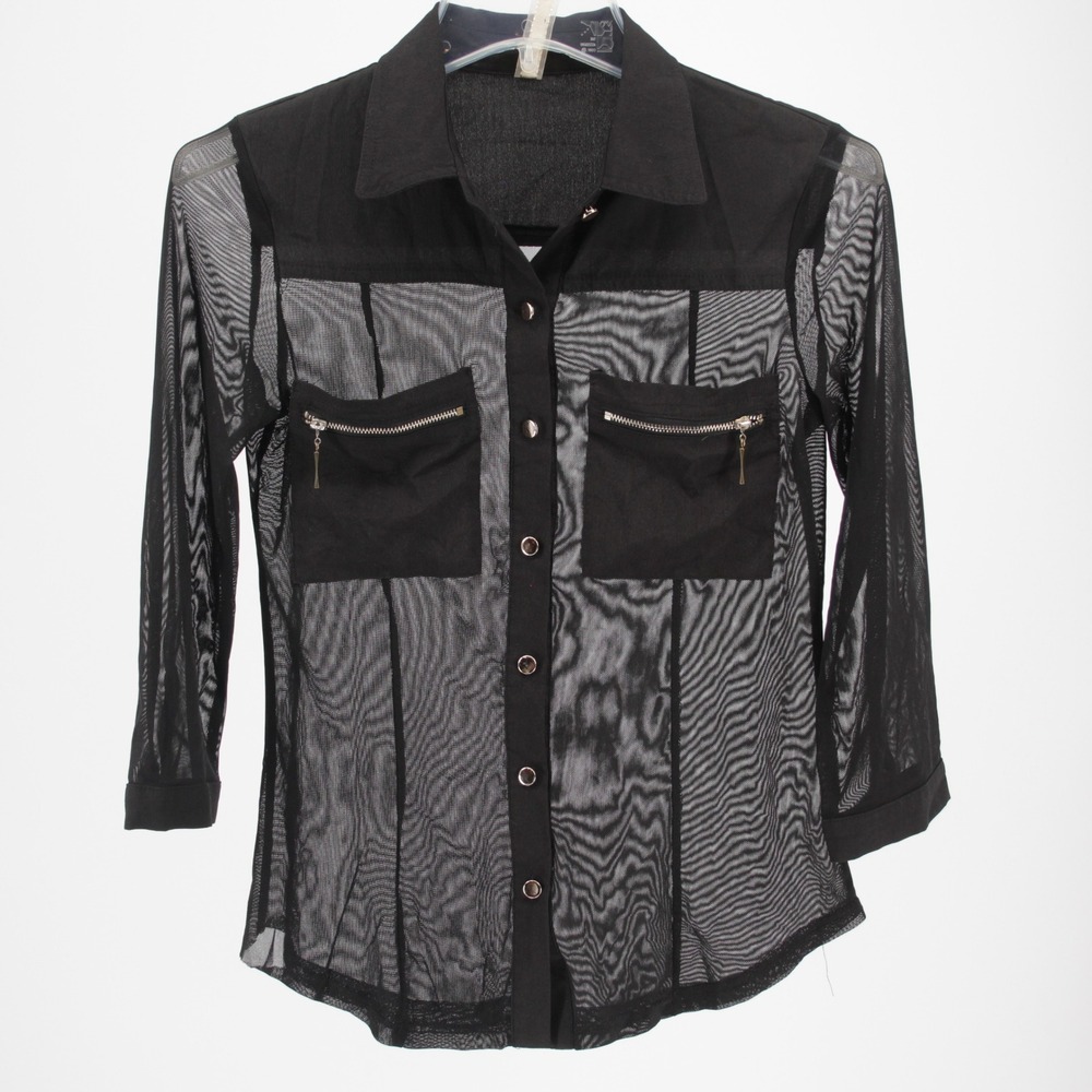 Uno Core Women's Black Mesh Sheer Zipper Pocket Button Up Shirt Size XXS-XS‎